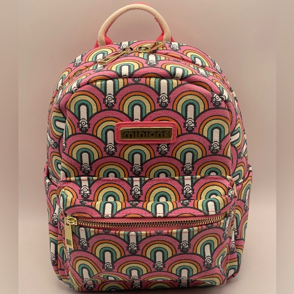 BoxLunch Cute Minions Mini Backpack Rainbow Print Pink Canvas Gold Hardware